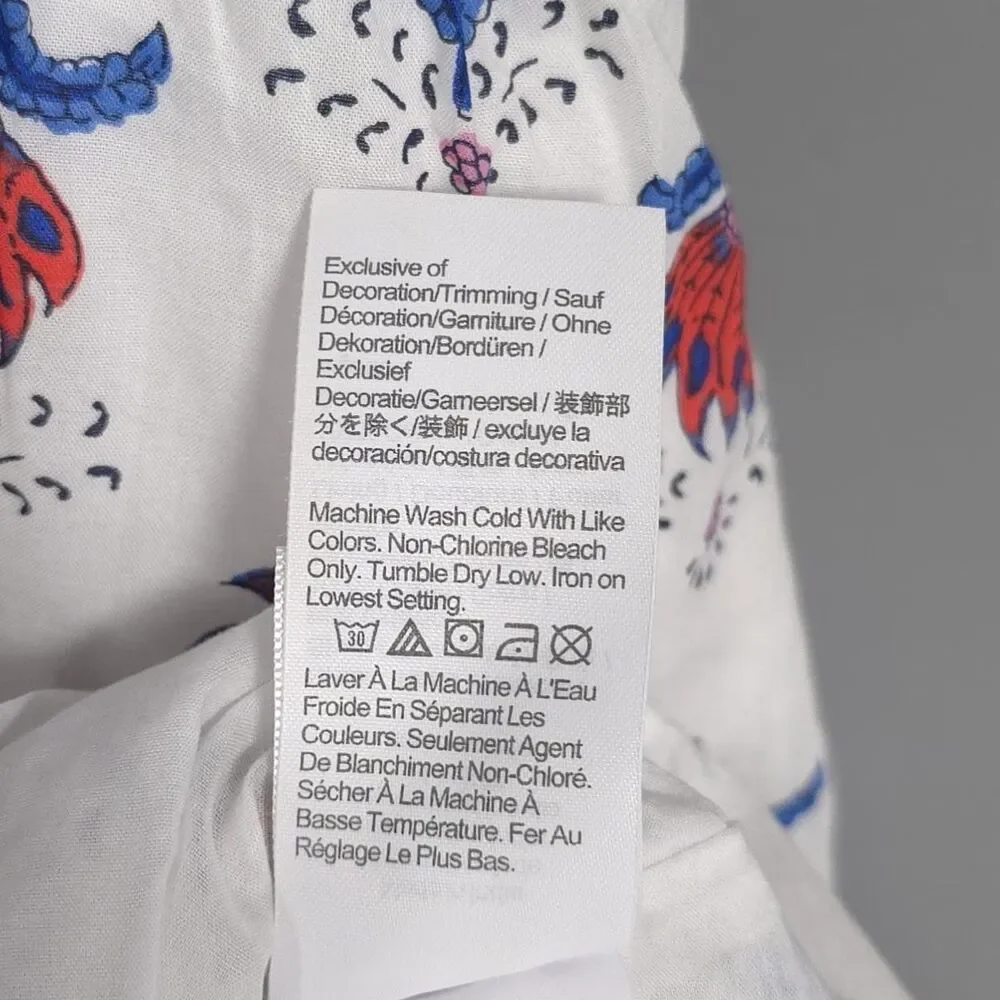 J.CREW‎ Midi Dress Size 14 White Floral Ruffle Sleeve Smocked Cotton Red Blue